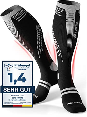CORE GORIMO - Kompressionsstrümpfe Sport - Atmungsaktiv - Stützstrümpfe & Thrombosestrümpfe Herren und Damen für Sport, Flug und stehende Berufe (schwarz/weiß, 39-42)