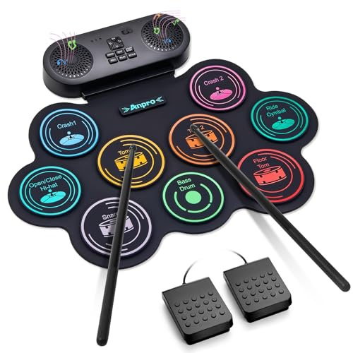 Anpro Elektronisches Schlagzeug-Set, 9 Trommelpads mit Dual-Stereo-Lautsprechern, Rollbares Drumkit mit Pedalen & Sticks, Kopfhörer/Bluetooth/MIDI Unterstützung, Geschenk für Kinder & Anfänger