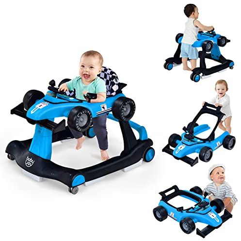 GOPLUS 4 in 1 Baby Lauflernhilfe, Lauflernwagen höhenverstellbar mit Licht & Musik, Baby Walker Autoförmig mit Einstellbarer Geschwindigkeit, Gehfrei für Kinder ab 6 Monaten (Blau)