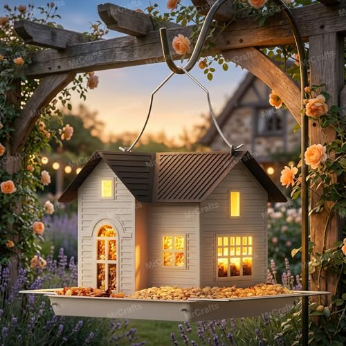 MrCrafts Solar-Vogelfutterspender – Hängendes Vogelhaus aus Metall mit Solarlicht, Gartendekoration, Einzigartige Geschenke, Bird House, Bird Feeder