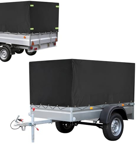 QWORK® Anhänger Flachplane mit Planenseil 210x114x90 cm,420D PVC Material, wasserdichte, Reißfeste Abdeckplane, für PKW Anhänger 750kg (Schwarz)