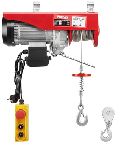 TEENO Elektrische Seilwinde 300kg bis 600kg, Hubhöhe 12m, Seilzug Motorwinde 1200W mit Kupfermotor, Flaschenzug 12m/min Hubgeschwindigkeit, Hebezug mit Kabel-Fernbedienung Seilhebezug Kettenzug
