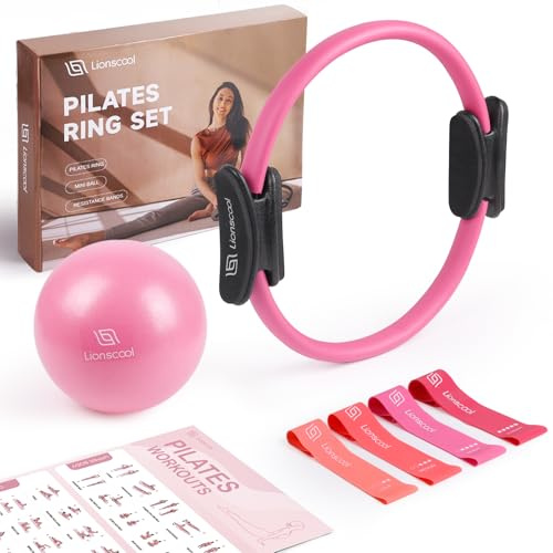 LIONSCOOL Pilates-Ring-Set (Rosa) – 36cm verformungsbeständiger Pilates-Ring mit gepolsterten Griffen, 23 cm Mini-Ball, elastische Latex-Widerstandsbänder, Anleitung und Tasche