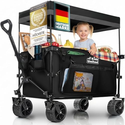 ALL KIDS UNITED® Faltbarer Bollerwagen 150kg, Strandwagen inkl. Dach | Nie wieder Platzmangel, sekundenschnell faltbar, XXL Handwagen aus Polyester, 90L Transportkarre für Camping, schwarz