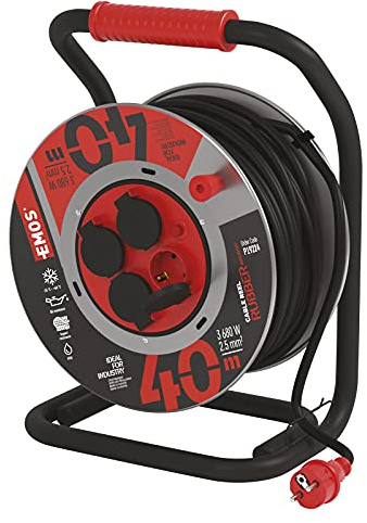 EMOS - Kabeltrommel 40m aus Stahlblech - 4 Schuko-Steckdosen - wasserdicht, schlagfest, öl- & witterungsbeständig - 230 V, 16 A, 3680 W - Gummi-Isolierung - H07RN-F 2,5 mm2 - IP44 für Außenbereich