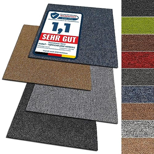 KARAT Teppichfliesen Moskau 50x50cm selbstliegend - 4 Stück Set 1m² strapazierfähiger Teppich Bodenbelag mit hochwertigem Schlingenflor für Haus & Büro - antistatisch mit Bitumen Rücken, Anthrazit