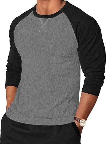 TARAINYA Herren T-Shirt Baumwolle Rundhals Shirts Langarmshirt Basic Tshirts Raglanärmel Longsleeve Männer Dunkelgrau Schwarz L