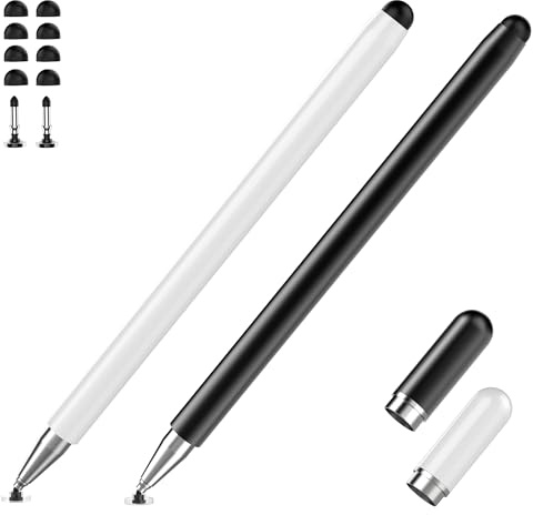 2er-Pack Tablet-Stift für alle Touchscreen-Tablets-kompatibel mit IOS, Android, Surface, Smartphone, 2-in-1-Präzisionsscheibenspitze und Silikonspitze, Kein Aufladen erforderlich, Schwarz/Weiß