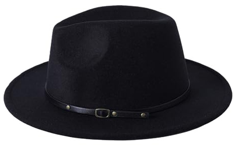 ASTRQLE Unisex Fedora-Hut mit breiter Krempe und Gürtelschnalle, verstellbar, klassischer Panama-Kirchenhut für Damen und Herren, Schwarz , M