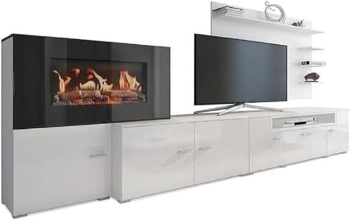 Skraut Home – Wohnzimmermöbel mit elektrischem Kamin – 170 x 290 x 45 cm – LED-Beleuchtungssystem mit Flammeneffekt – neues Olympo-Modell – moderner Stil – weißes Finish