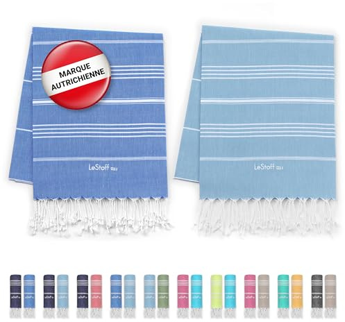 LeStoff 2er-Set Hamamtuch 95 x 180 cm - 100% Bio-Baumwolle, Vorgewaschen, Leicht, Saugstark & Schnelltrocknend, Reisehandtuch, Campinghandtuch, Badetuch, Saunatuch, Strandtuch (Sky Blue + Light Blue)