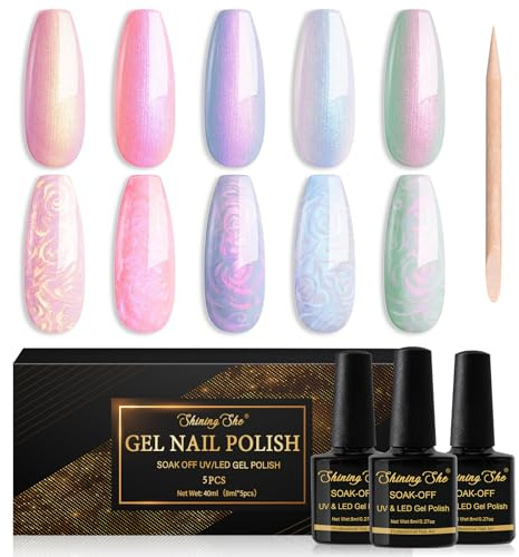 Shining She UV Nagellack Pearl Effect, 5 Farben Meerjungfrau Pearl Rosa Weiß Grün Gel Nagellack Set Mit Stick, Soak-Off UV Gel Nail polish Kreis Zeichnen Muschel Wirbel Effekt,8ML