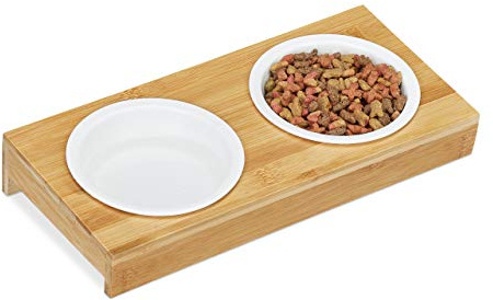 Relaxdays Doppelnapf, Katzen & kleine Hunde, 2 x Keramik Napf, je 200 ml, spülmaschinenfest, Bambus Napfbar, Natur/weiß