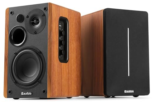 Audizio KS01B Regal-Lautsprecher Set | Aktiv 120W HiFi Boxen | Bluetooth Speaker mit DSP | Monitor Lautsprecher für PC, Heimkino & Musik | Tieftöner & Hochtöner | Holz Optik Braun