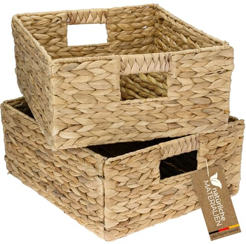 HMF Aufbewahrungskorb passend für KALLAX halbes Fach, Korb geflochten aus Wasserhyazinthe mit Griffen | 2er Set | 30 x 34 x 15 cm | Natur