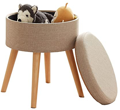 Zedelmaier Sitzhocker Aufbewahrungsbox Stuhl Ottoman Polstersitz aus Leinen und Massivholz,Hocker fürs Kinderzimmer (Beige)