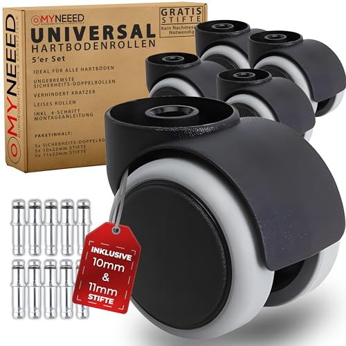 MYNEEED Universal Bürostuhl Rollen ohne Stifte, mit 10mm / 11mm Stifte - Hartbodenrollen Kratzerfrei und Leise - Bürostuhlrollen für Laminat Parkett Fliesen - Mit 4-Schritt Anleitung