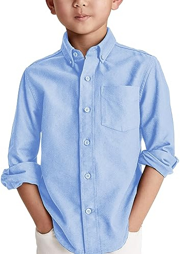 Jungen Langarm Hemden Baumwoll Casual Hemd Kinder Einfarbig Shirt Oberteil mit Brusttasche, Blau, 4-6 Jahre