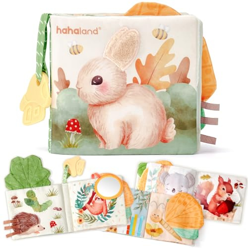hahaland Baby Spielzeug ab 0 3 6 Monate Stoffbuch, Interaktive Babybücher mit Spiegel Rassel,Fühlbuch Knisterbuch Baby Spielzeug 6 Monate,Neugeborene Baby Geschenk für Babyspielzeug 0-6 Monate
