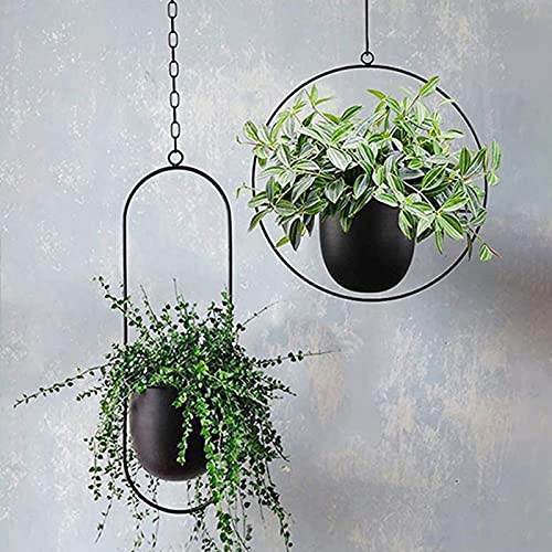 ARSBORUI Hängend Blumenampel Metall Blumentopf Schwarz Pflanzenampel Modern Deko Hängeblumentopf Hängeampel für Innen Außen Decken Balkone Wanddekoration (Rund+Oval)