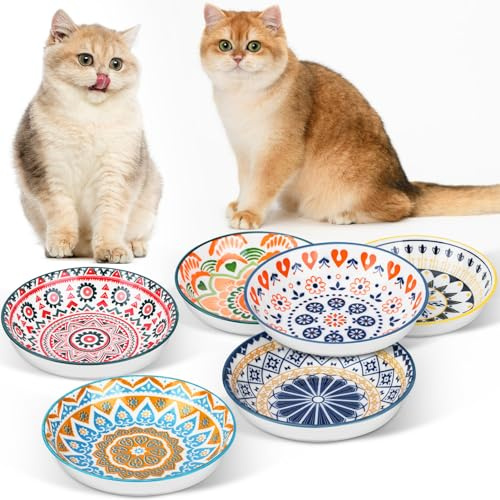 Otauoaea Katzennapf Set - 6 Stück Flache Keramik Futternäpfe, Bunte Katzenschüsseln für Futter und Wasser, 250ml Kapazität