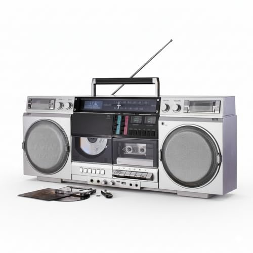 EUROtops DAB+ Boombox Retro 1980er, Kassettendeck, CD, Bluetooth und USB | Radio mit MicroSD, Aufnahmefunktion, Ghettoblaster, tragbar, Stereoanlage, Vintage-Design, Netz- oder Batteriebetrieb