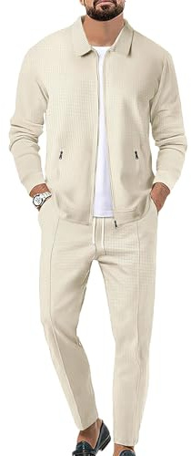 aromm Herren Waffel Trainingsanzüge Langarm Voll Reißverschluss Jacke & Hose 2-teiliges Set für Lässig Sport Arbeit