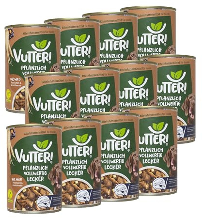 VUTTER Nassfutter Wie Wild, 12x400 g: Hundefutter Vegan - Alleinfutter für Hunde - Fleischähnlich für hohe Akzeptanz - Sojaprotein für Muskeln, Zink für Haut & Fell, Kalzium für Zähne & Knochen