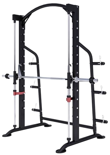 GORILLA SPORTS® Power Rack - inkl. Langhantelstange, 25 mm / 50 mm, bis 300 kg Belastbar, 6 Hantelscheibenablagen, aus Stahl, Schwarz - Multipresse, Kraftstation, Smith Machine, Power Cage, Squat Rack