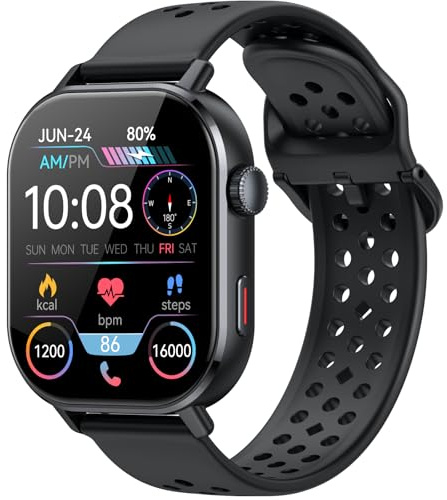 GPS Smartwatch Herren Damen, 2.06'' AMOLED Smart Watch, Fitnessuhr SOS Herzfrequenz Schlafmonitor Schrittzähler Uhr, Bluetooth Anruf, 178+Sportmodi Sportuhr 5ATM Wasserdichte Kompass Luftdruck Schwarz