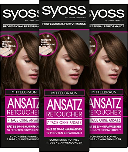 Syoss Ansatz Retoucher Mittelbraun Stufe 1 (3 x 60 ml), semi-permanente Ansatzfarbe für 7 Tage ohne Ansatz, Haarfarbe für schnelle und einfache Ansatzbehandlung