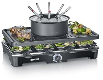 SEVERIN Raclette-Fondue-Kombination für 8 Personen, 2-in-1 Raclette Grill mit Grillplatte & Fondue-Set, Antihaftbeschichtung, inkl. 8 Pfännchen, Schabern & Fondue-Gabeln, spülmaschinengeeignet, RG2347