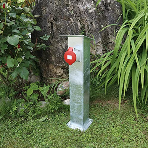 Xenterio Steckdosensäule für Festinstallation, Stahl feuerverzinkt, 1x CEE-Steckdose mit Klappdeckel 16A