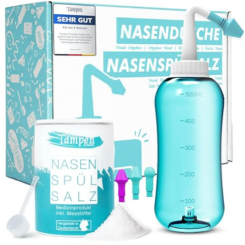 Tampen® Nasendusche Erwachsene & Kinder 500 ml + 120x Nasenspülsalz 300g | 3 Aufsätze & Messlöffel, spülmaschinenfest, Nasenspülkanne, Nasenspülung mit Nasensalz, schonende Nasenreinigung, Nasal Rinse