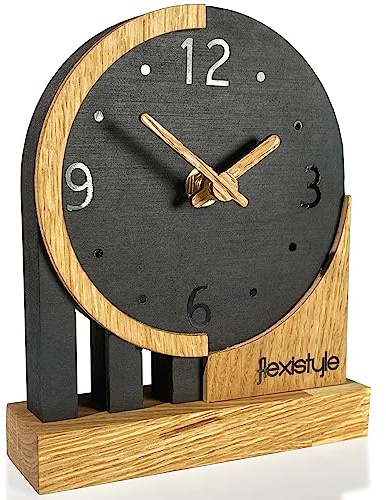 FLEXISTYLE Modern standuhr tischuhr klein aus Holz Eiche Wohnzimmer Badezimmer Uhr Holz tischuhren holzuhr Tisch Uhr tischuhr modern standuhr Clock (Style 3), Shwarz/Oak, Schwarz