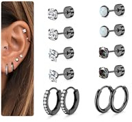 Roheafer 6 Paar Ohrringe Set für Damen Herren 316L Chirurgenstahl Ohrringe mit Flacher Verschluss Hypoallergene Creolen CZ Opal Ohrstecker für Mehrfachpiercing Helix Piercings Ohr Schwarz