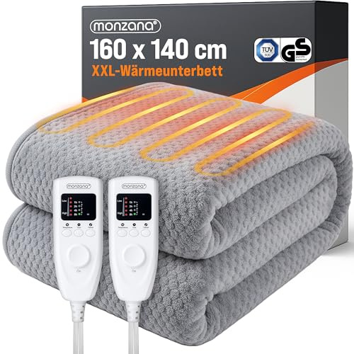 Monzana® Heizdecke Wärmeunterbett 160x140cm Timer Coral Fleece 2x60W grau Doppelheizdecke Überhitzungsschutz waschbar