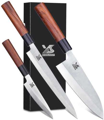 MSY BIGSUNNY 3-teiliges Sushi-Messer-Set Sashimi-Messer Edelstahl Yanagiba-Messer Fischmesser schneiden