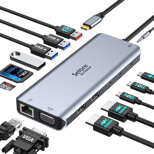 USB C Dockingstation Dual HDMI 14 in 1 Docking Station Triple Display USB C Hub mit 2 * 4K HDMI,VGA, 10Gbps 2*USB C&USB A, Gigabit Ethernet, 100W PD, SD/Micro SD, 3.5mm Audio&Mic für Dell HP
