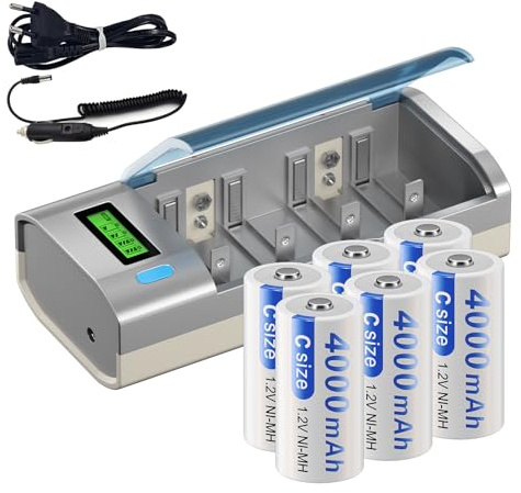 Mspalocell Akku Baby C wiederaufladbar mit Universal Akku Ladegerät, 6 Stück 4000mAh, Wiederaufladbare C Batterien mit LCD Batterieladegerät für AA/AAA/C/D NI-MH Akkus
