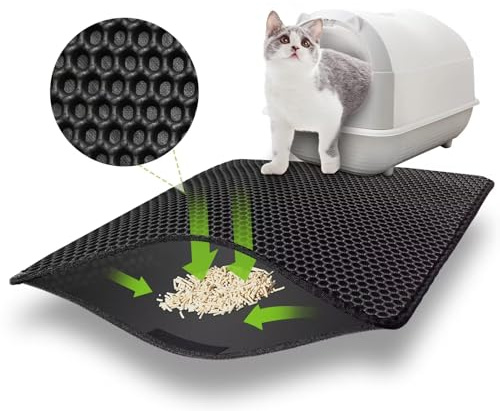 Katzenklo Matte 60x45 CM mit Klettverschluss und Großes Loch Design, Katzenstreu Matte Doppelte Wasserdichte und Rutschfeste, Katzenmatte Katzenklo Ungiftiges Material, Cat Litter Mat Schwarz