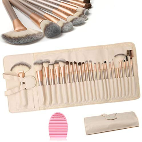 HEPAZ Make-Up Pinsel Set - 24 Stück Professionelles Kit Mit Ei-Reiniger und Roll-Up PU-Leder Tasche
