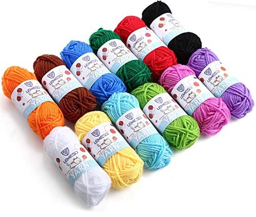 Häkelgarn Set für Amigurumi & Mini-Figuren - Polyacryl Wolle für kleine Bastelprojekte & Handarbeiten - Weiches Handstrickgarn für Anfänger & Kinder, 12 Farben (15g / 26m), Nadelstärke 2.0-3.5mm