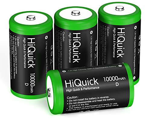 HiQuick 4 x Mono D Akku, NI-MH wiederaufladbare D Akku, Hohe Kapazität 10000mAh, 1200 Zyklen Aufladen, 1.2V Typ D Batterie