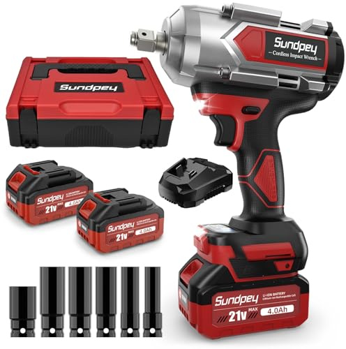 Sundpey 1200Nm Akku Schlagschrauber 8000mAh - 1/2 Bürstenloser Schlagschrauber Akku mit 2 * 4.0Ah Li-Ion Akkus, 6 Stecknüsse, 21V 2600RPM Impact Wrench für Auto und Hausgebrauch