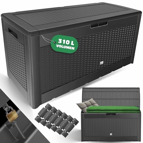 KESSER® Auflagenbox Kissenbox 𝟯𝟭𝟬𝗟, Klicksystem, mit Rollen & Haltegriffen, Deckel mit Hubautomatik, abschließbar, bis zu 290kg, Gartenbox Wasserdicht, Vielseitige Kissenbox, Rattanoptik-Anthrazit