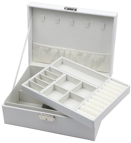 Homeanda Schmuckkästchen Damen Schmuckschatulle mit Schlüssel - Schmuckbox aus Leder - Groß - Weiß