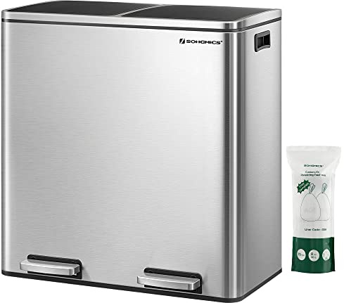 SONGMICS Mülleimer, 2 x 30 Liter, 2 Fächer, Mülltrennsystem, Treteimer, Abfalleimer Küche, 15 Müllsäcke, Metall, Inneneimer aus Kunststoff, Klappdeckel, Softclose, luftdicht, silbern-schwarz LTB60NL