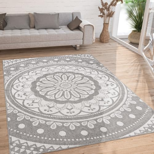 Paco Home Outdoor Teppich wetterfest & robust modernes Mandala & Boho Design pflegeleicht & flachgewebt für Balkon, Terrasse, Garten, Wohnzimmer & Küche Ethno Mandala, Grösse:200x280 cm, Farbe:Grau