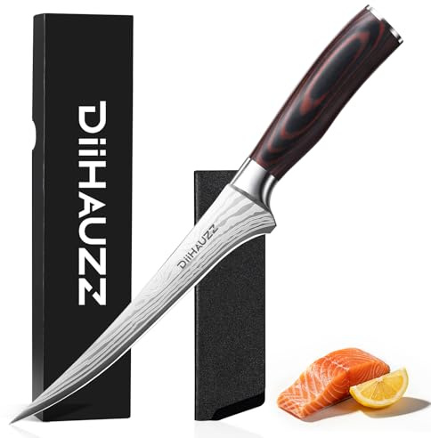 DiiHAUZZ 18 cm Filetiermesser, Profi Ausbeinmesser aus hochwertigem 5Cr15MoV Hochkohlenstoff-Edelstahl, Scharfes Fischmesser mit Ergonomischem Pakkaholzgriff, Fischfiletiermesser für Hobbyköche&Profis